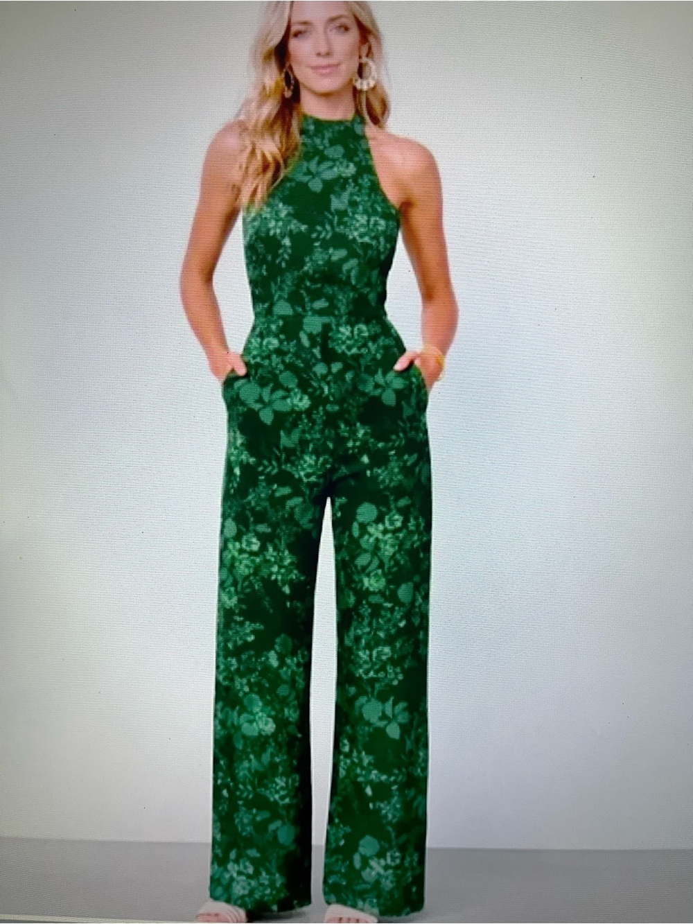 Baltic Born Freya  Emerald  Green Floral Halter Jumpsuit Pockets  XL NWT
